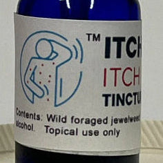 Blue bottle labeled 'ITCH GONE ITCH RELIEF TINCTURE' with a white cap on a light gray background