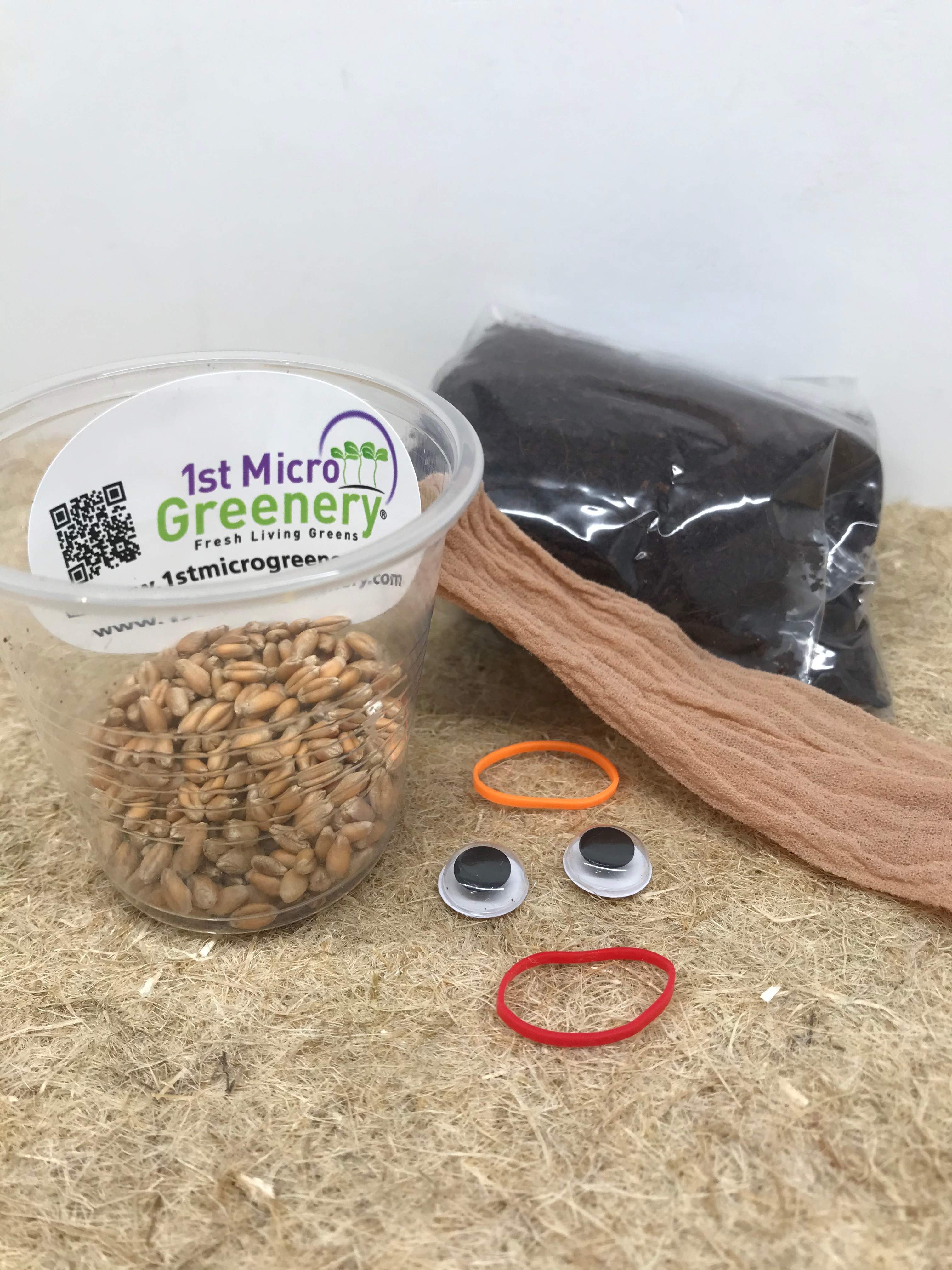 Container of seeds, black material, brown yarn, googly eyes, and a rubber band on a textured surface with '1st Micro Greenery' branding.